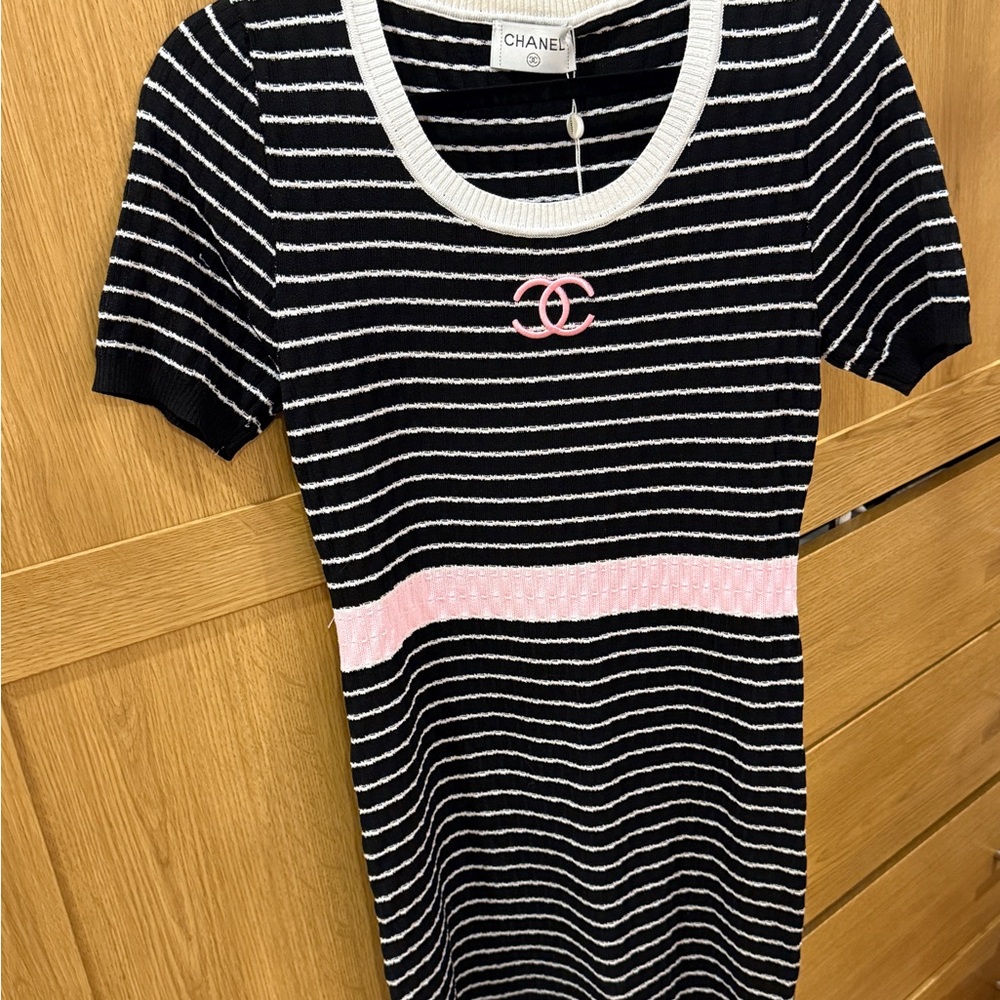 Knit Midi Black and White Striped Dress with Pink Accents
